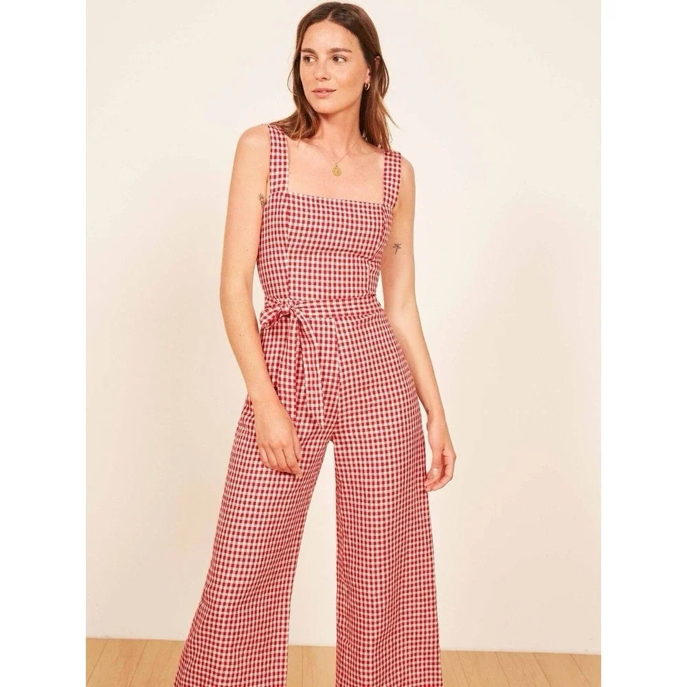 Reformation Birch‎ Size 0 Linen Wide Leg Jumpsuit Red White Gingham